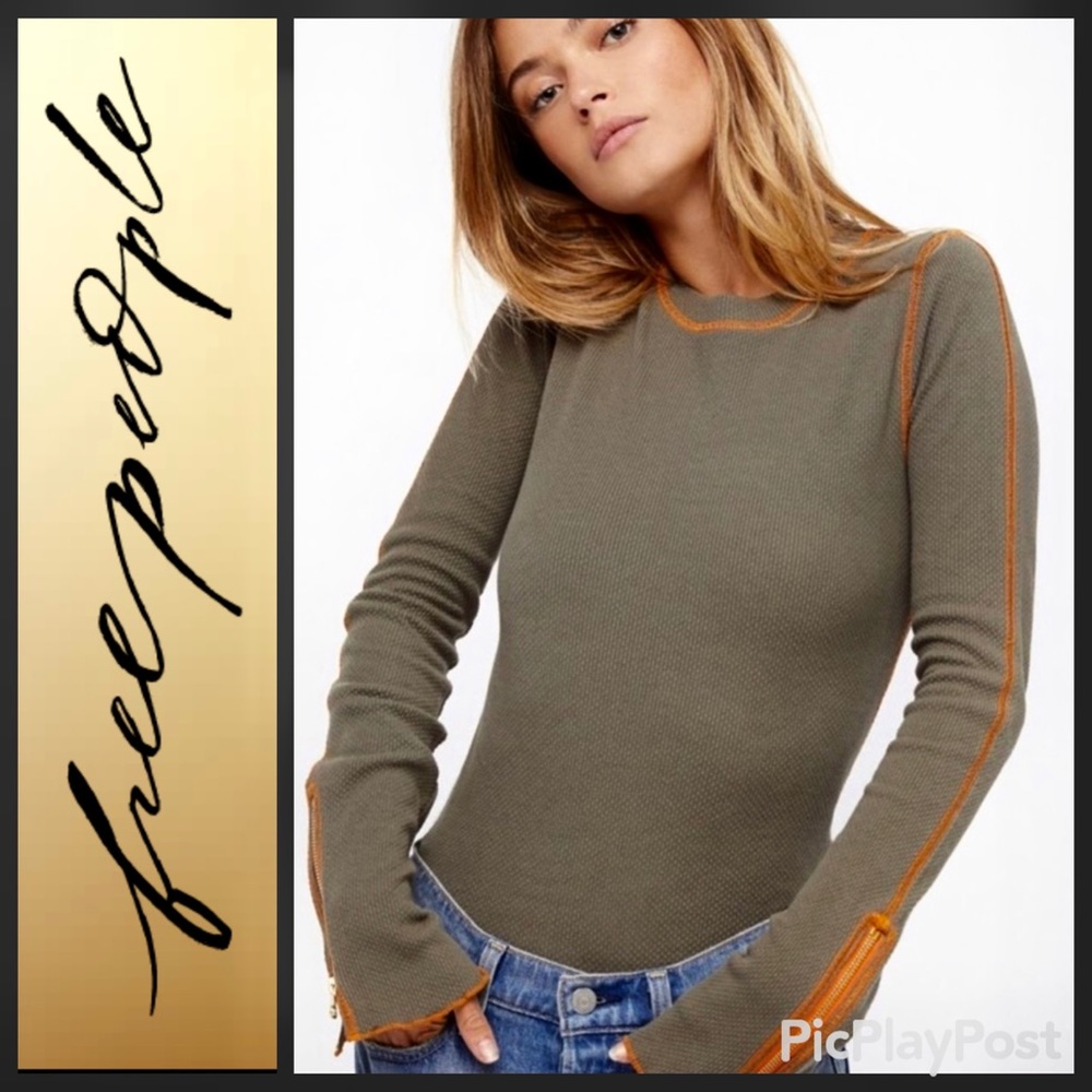 Free People Gold Zips It Cuff OLIVE GREEN THERMAL LONG SLEEVES ORANGE STITCH XS